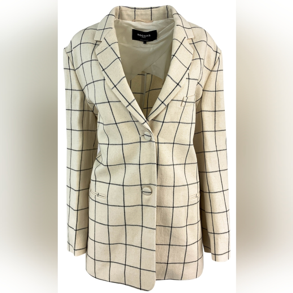 Rochas Cream Windowpane Blazer with Notched Lapels